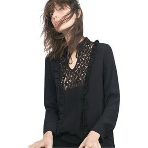 Zara L Black Long Sleeve blouse Lace Style chest Tie Neck ruffle bib witchy goth